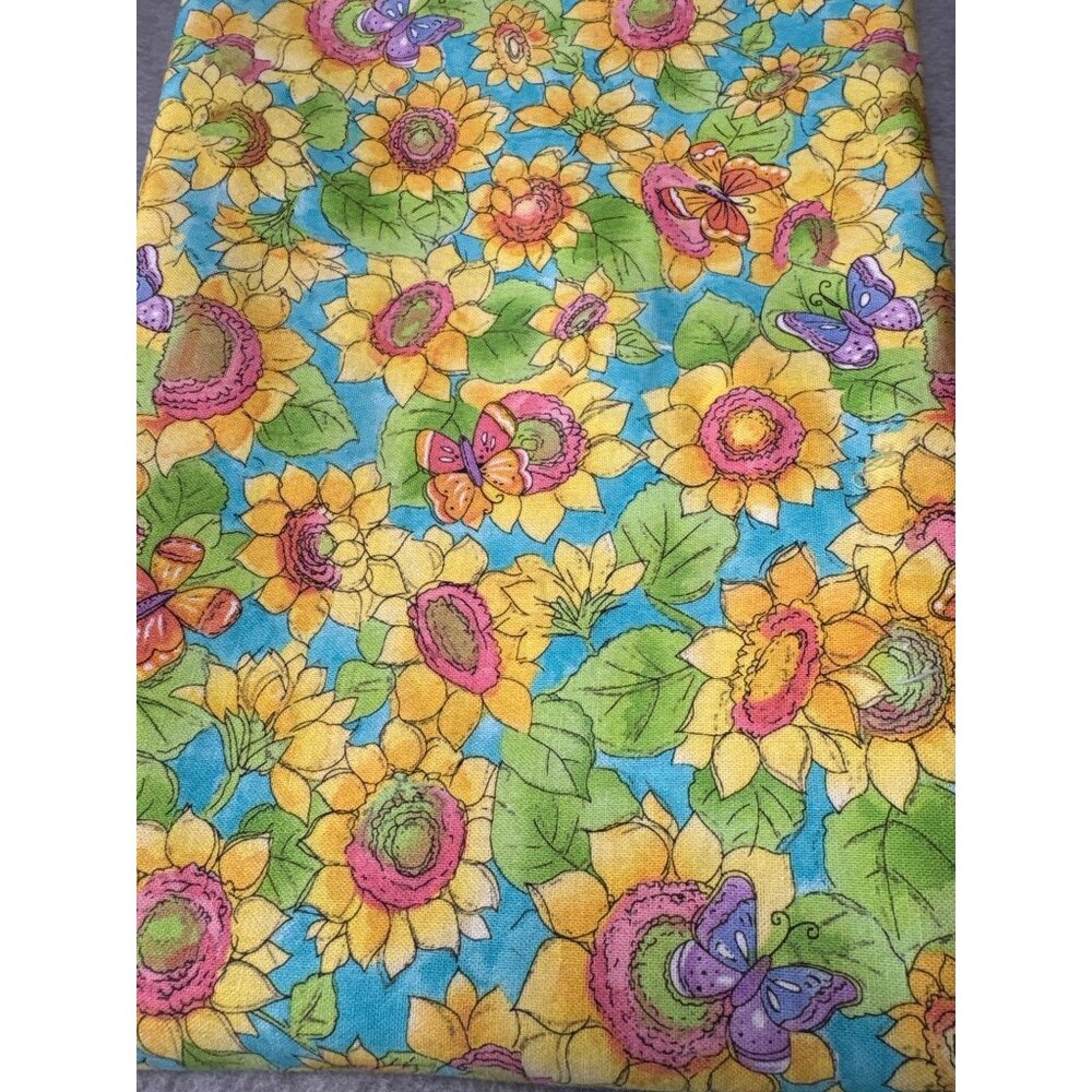 Colorful Sunflower & Butterfly Pattern Cotton Fabric 19 " x 42" By Sue Zipkin